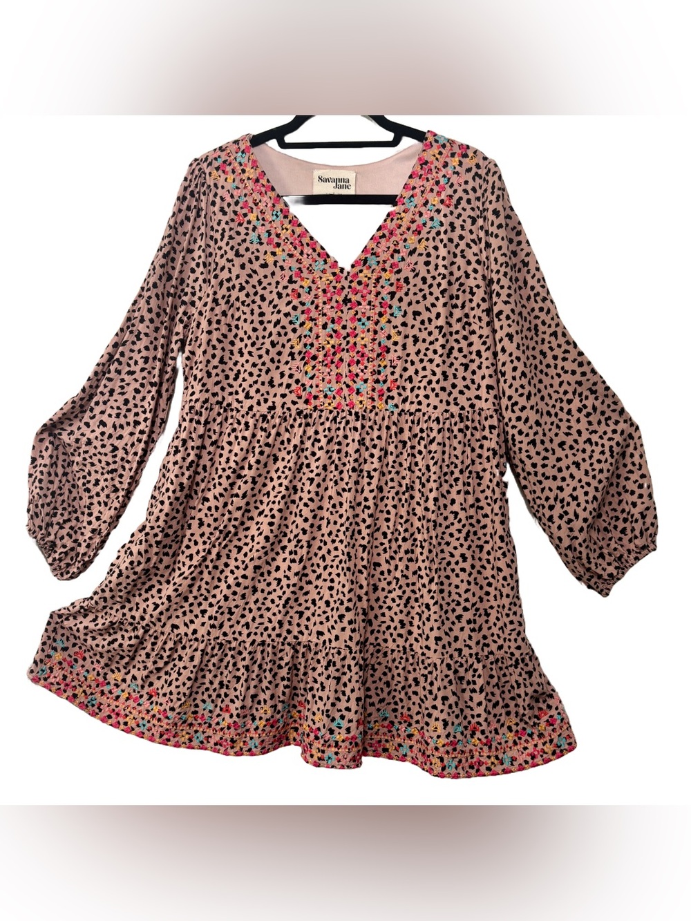 Savanna Jane Pink Leopard-Print V-Neck Tunic Babydoll Multicolor Embroidery